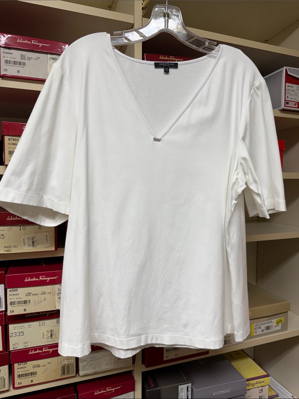 Lafayette 148 New York White v-neck Top with small neckline embellishment